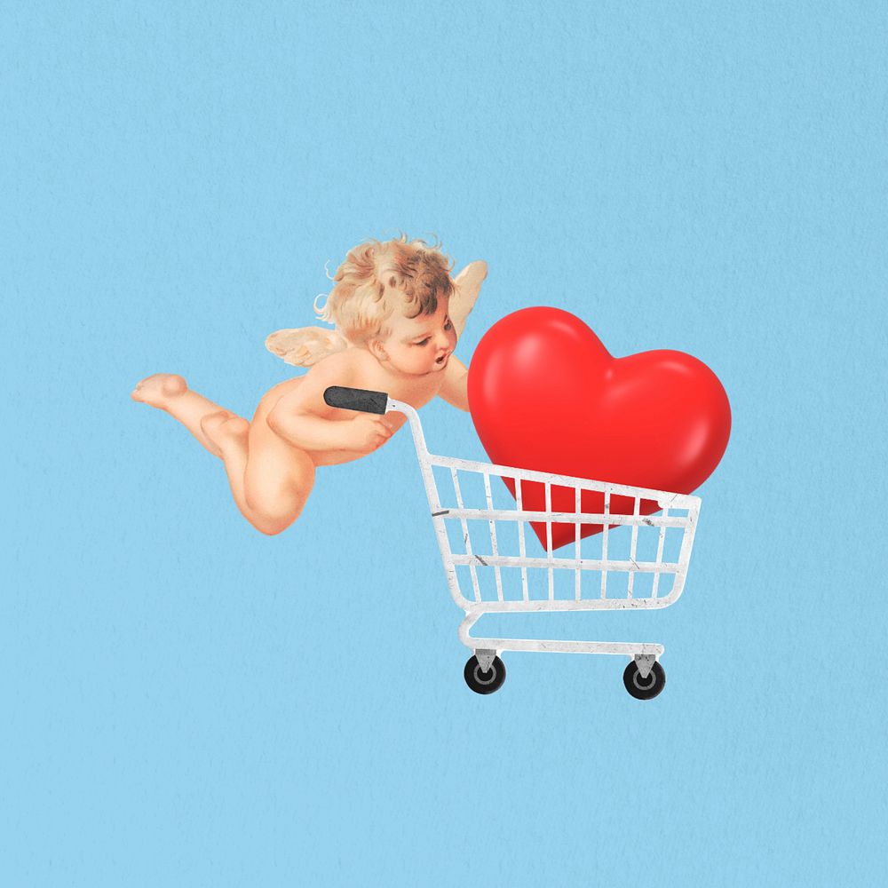 Heart in shopping cart, cupid editable design. Remixed by rawpixel.