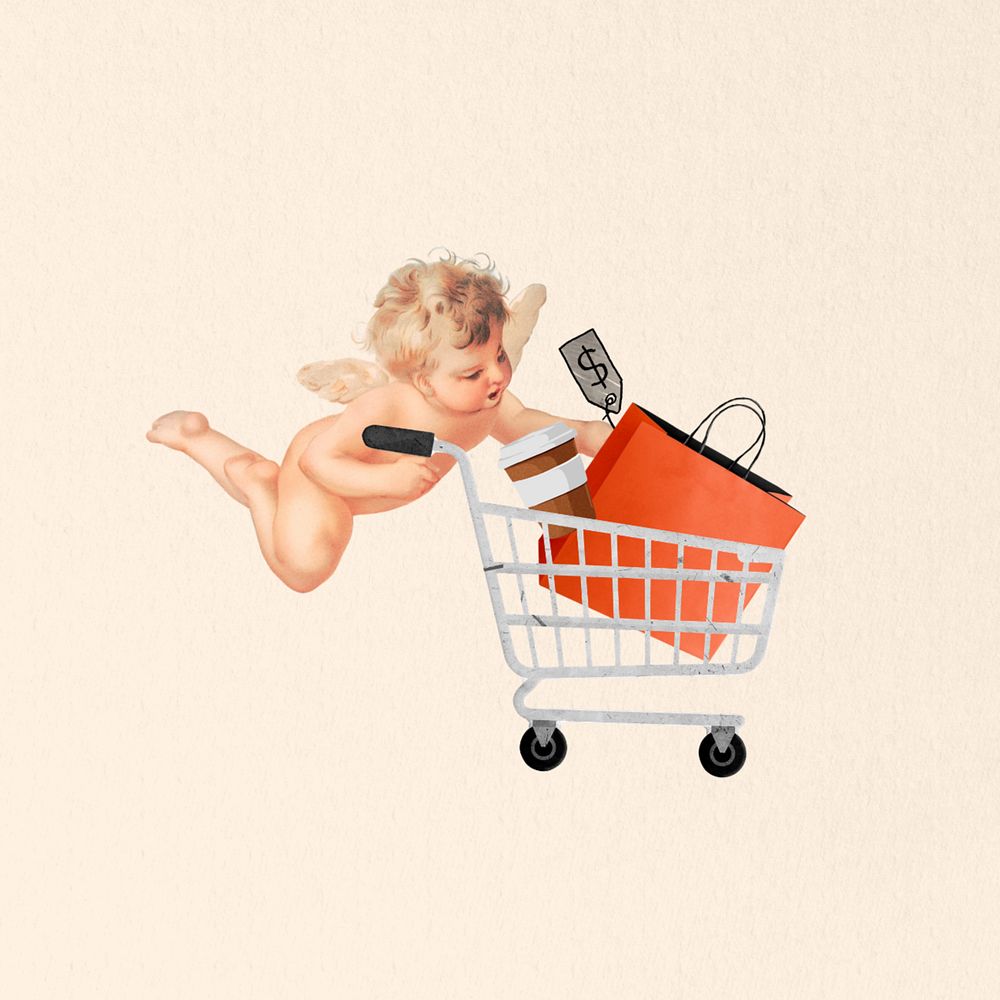 Shopping cupid with trolley editable design. Remixed by rawpixel.