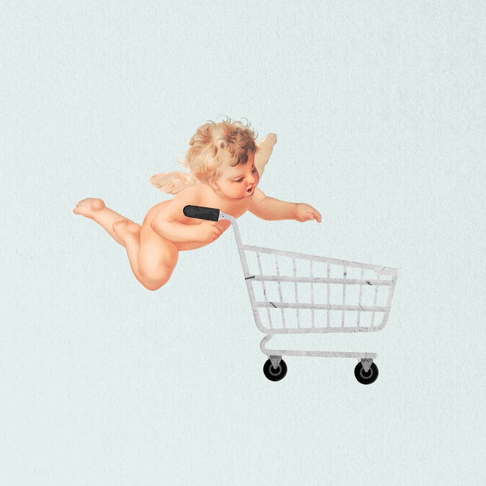 Cupid pushing shopping cart editable design. Remixed by rawpixel.