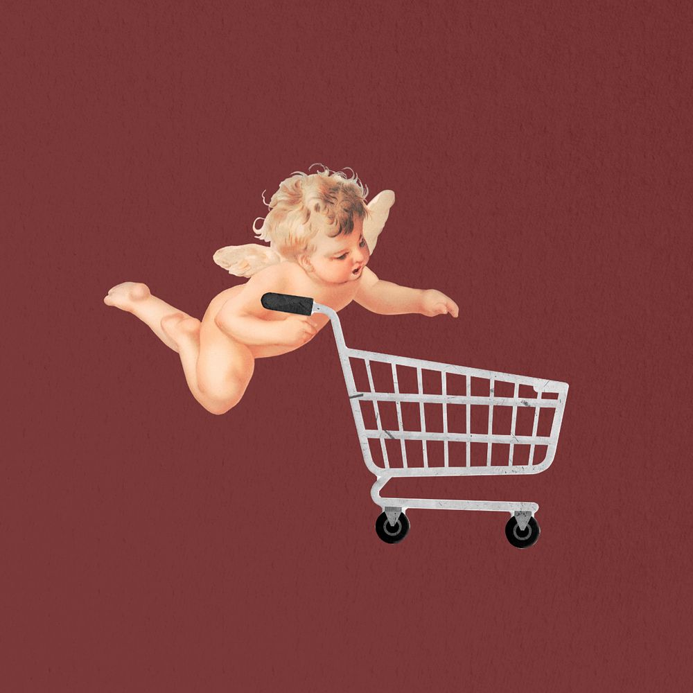 Cupid pushing shopping cart editable design. Remixed by rawpixel.