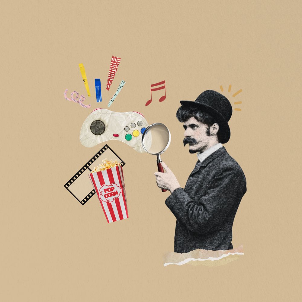 Man holding magnifying glass, entertainment editable collage art. Remixed by rawpixel.