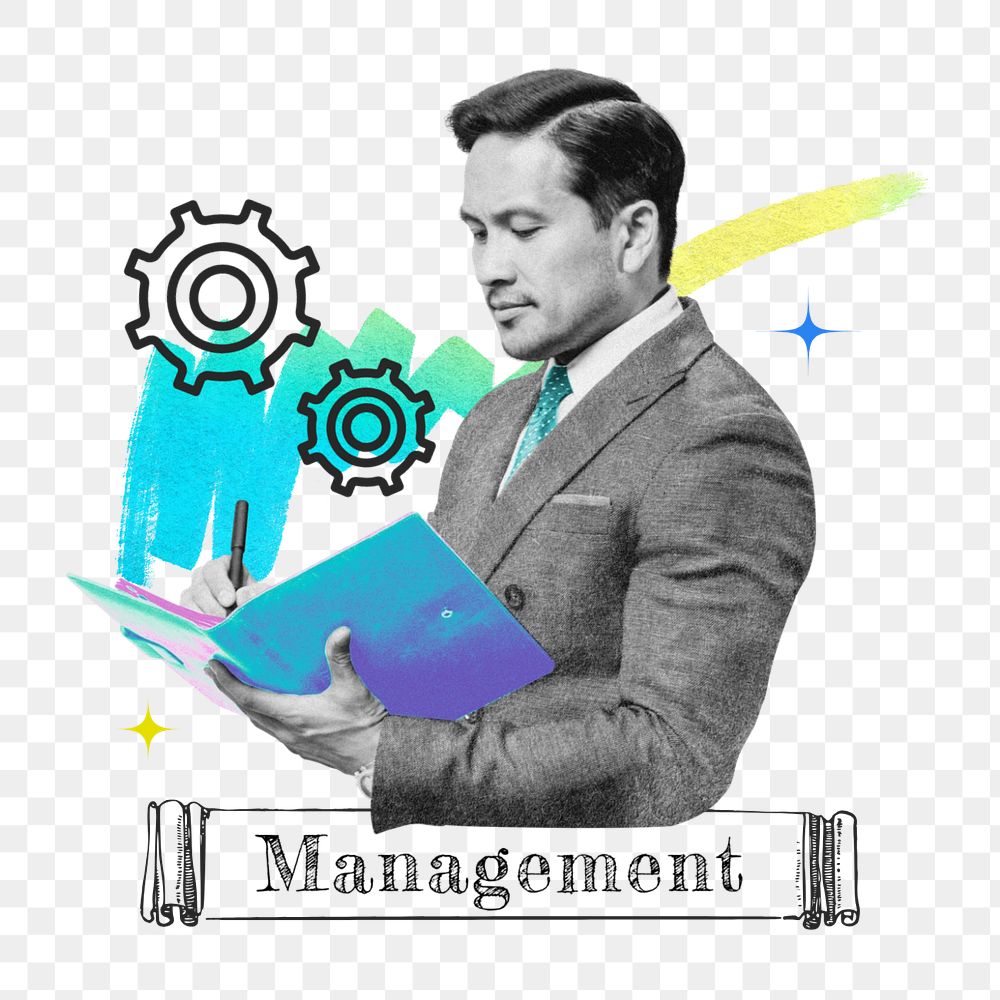 Editable business management png element, gradient holographic collage remix