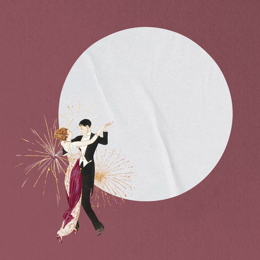 Vintage dancing couple, paper badge, editable celebration collage. Remixed by rawpixel.