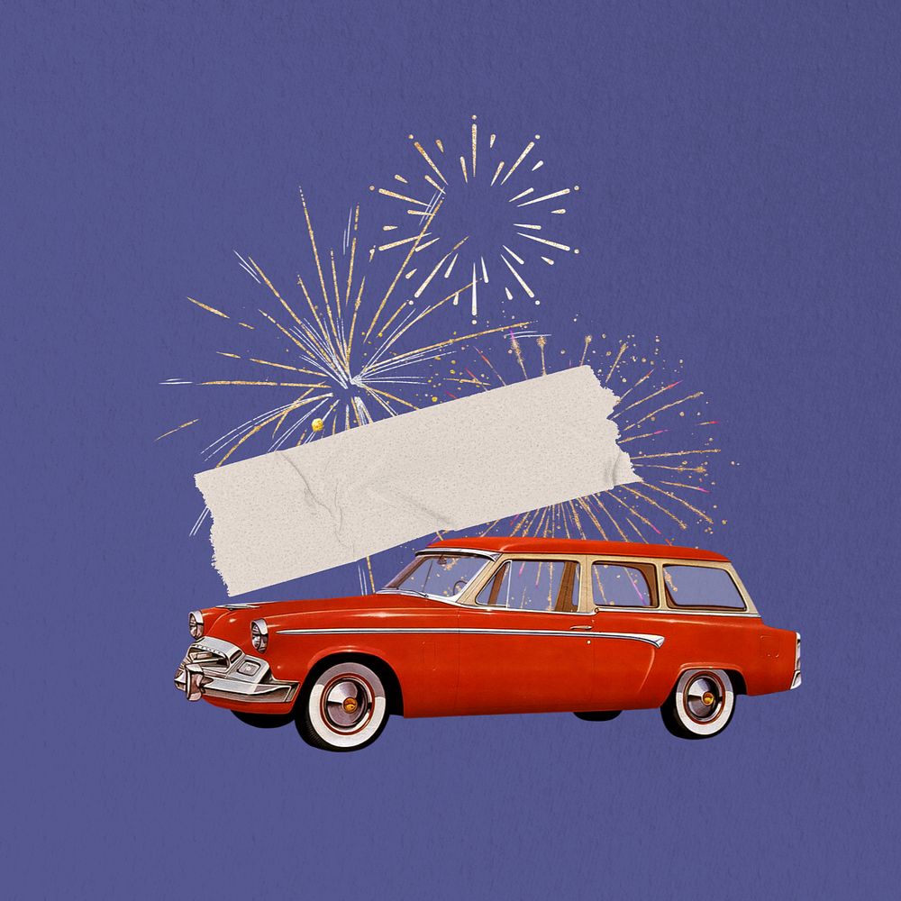 Classic car & fireworks, editable celebration remix