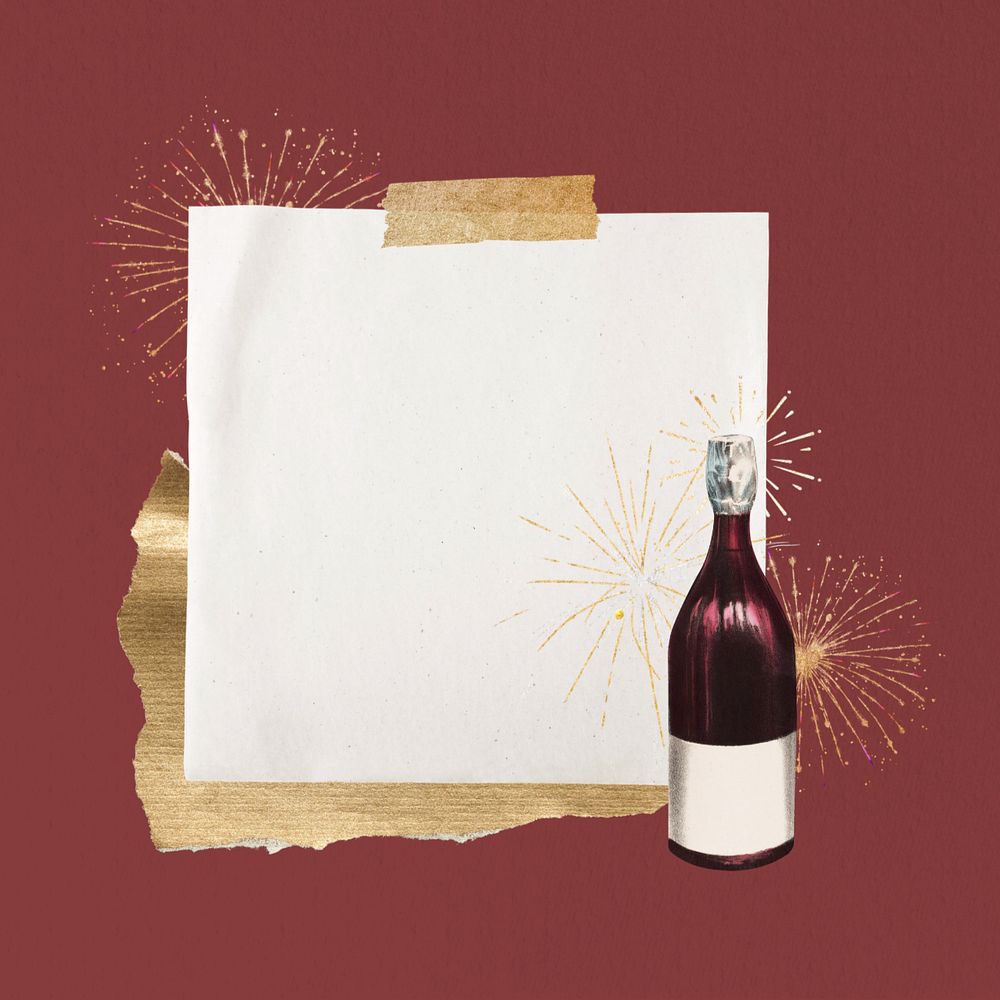 Wine bottle fireworks, note paper, editable celebration collage. Remixed by rawpixel.