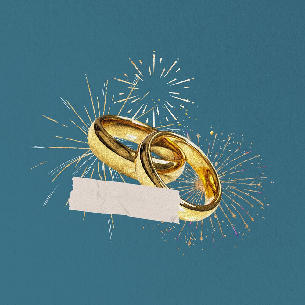 Gold wedding rings, fireworks, celebration editable collage