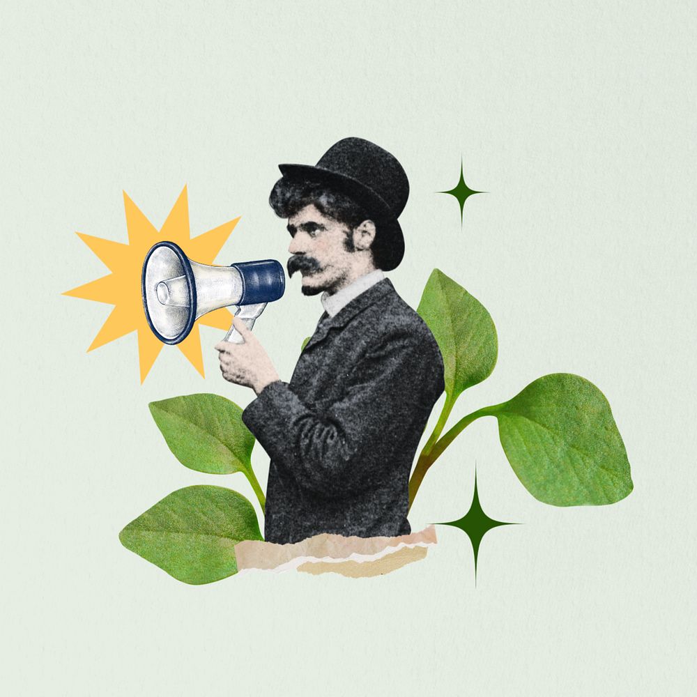 Environmentalist man holding megaphone editable collage art. Remixed by rawpixel.