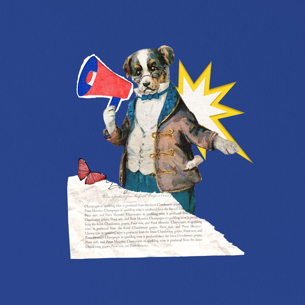 Dog holding megaphone, editable social media collage. Remixed by rawpixel.