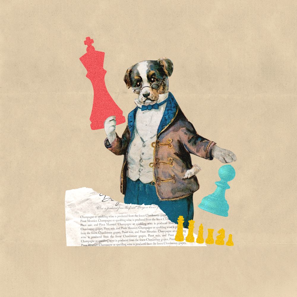 Dog holding chess piece, editable business collage. Remixed by rawpixel.