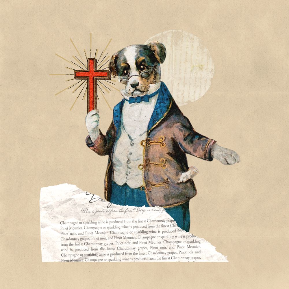 Dog holding Christian cross, religion editable collage art. Remixed by rawpixel.