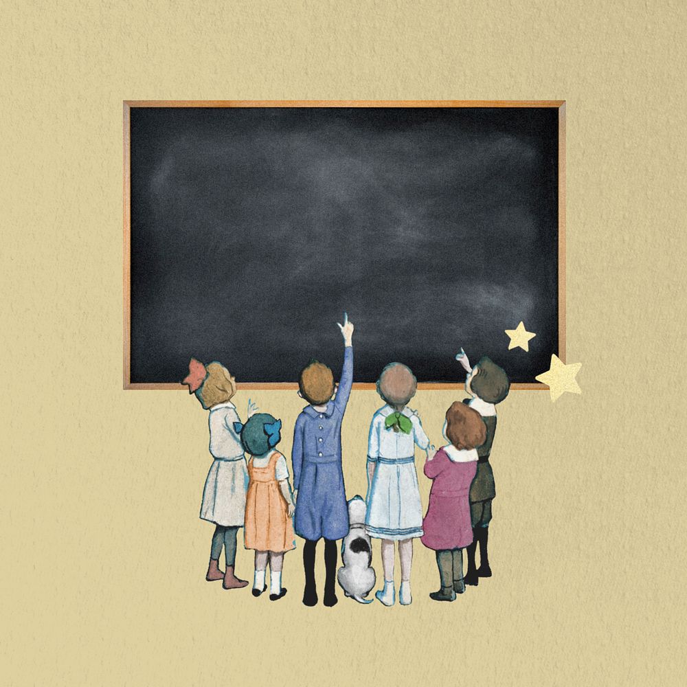 Children pointing at blackboard, editable education. Remixed by rawpixel.