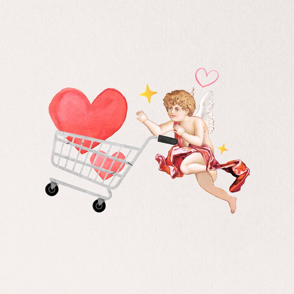 Hearts in shopping cart, cupid, editable design. Remixed by rawpixel.