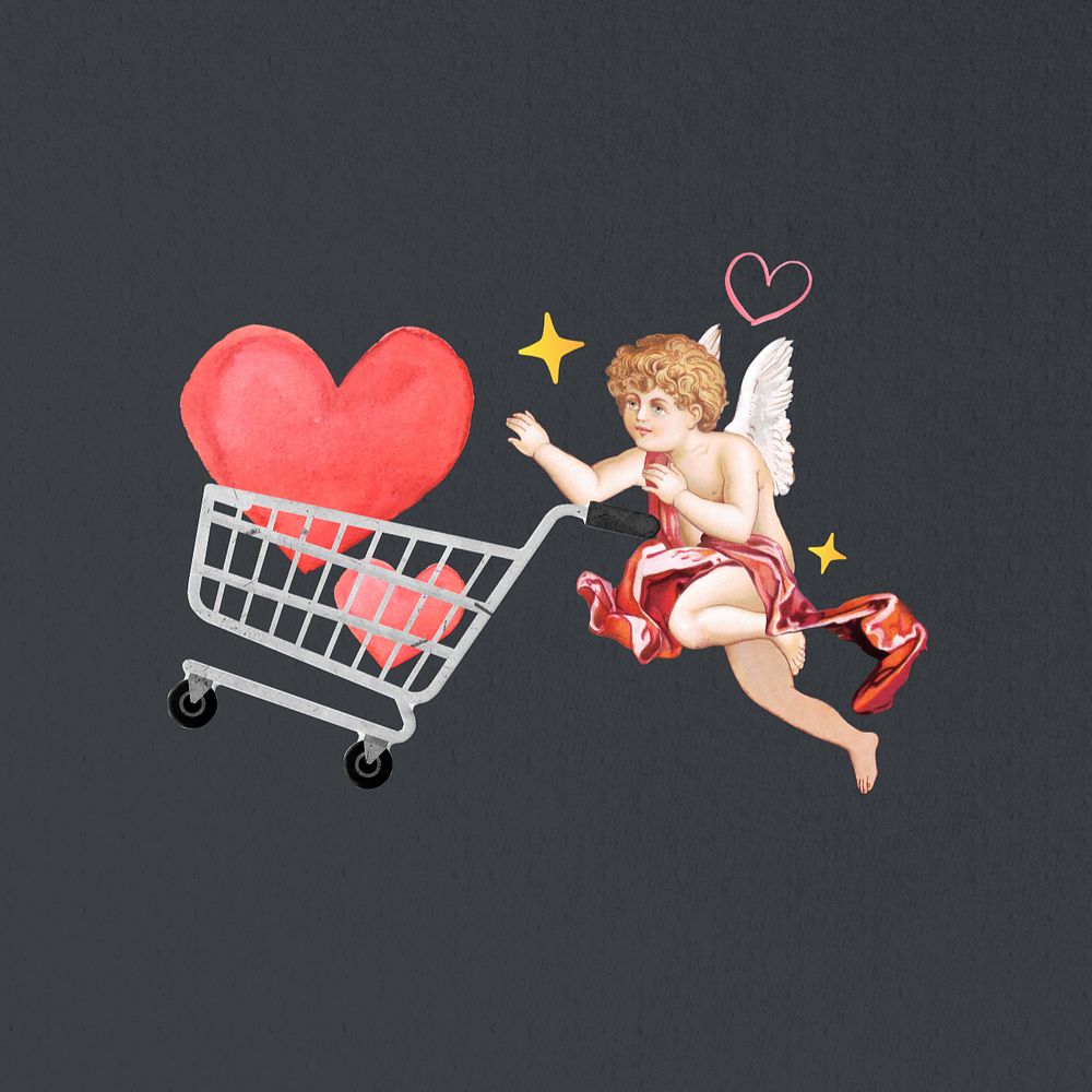 Hearts in shopping cart, cupid, editable design. Remixed by rawpixel.