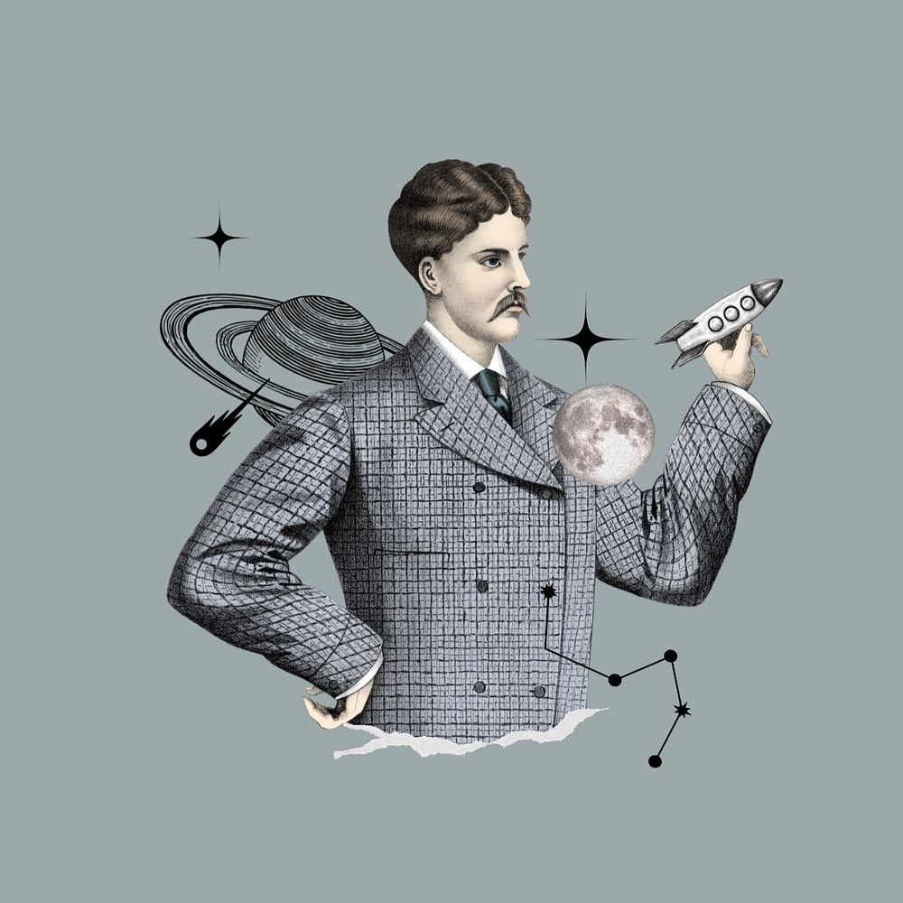 Vintage astronomer man, galaxy editable remix