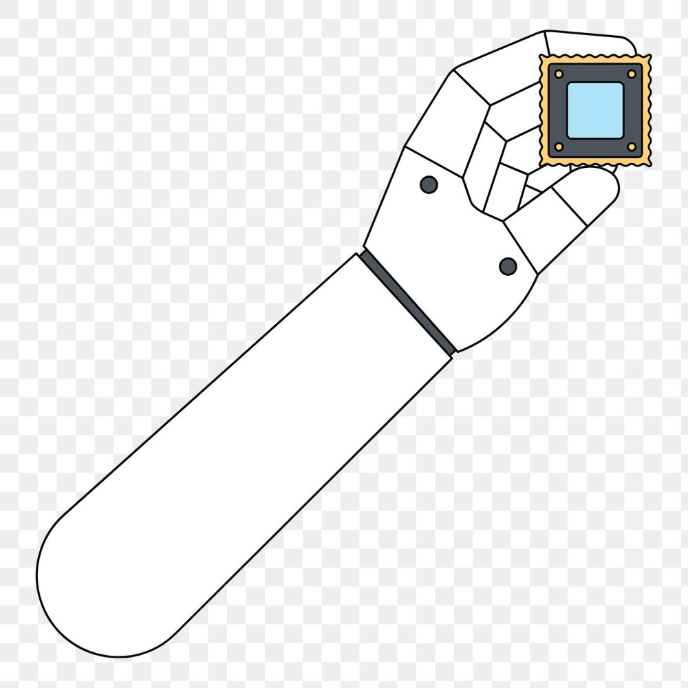 Robotic hand holding microchip, technology illustration, editable design