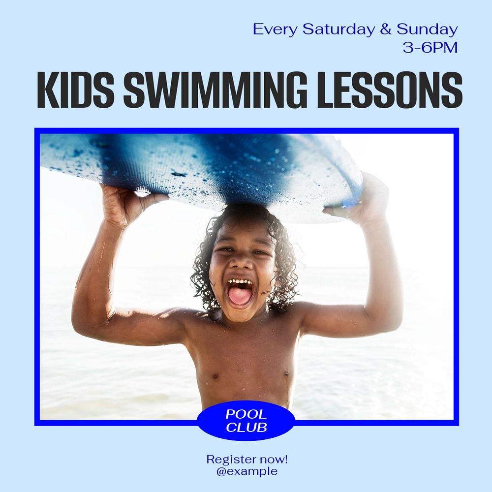 Kids swimming lessons Instagram post template, editable text