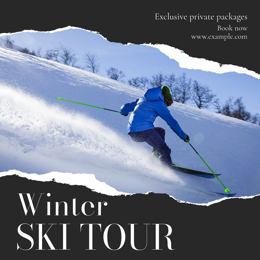 Winter ski tour Instagram post template, editable text