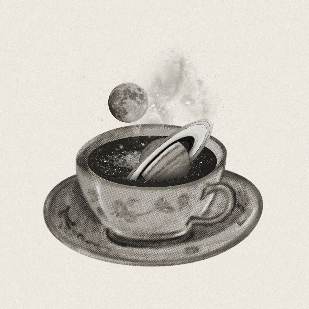 Saturn in coffee cup, surreal escapism editable remix