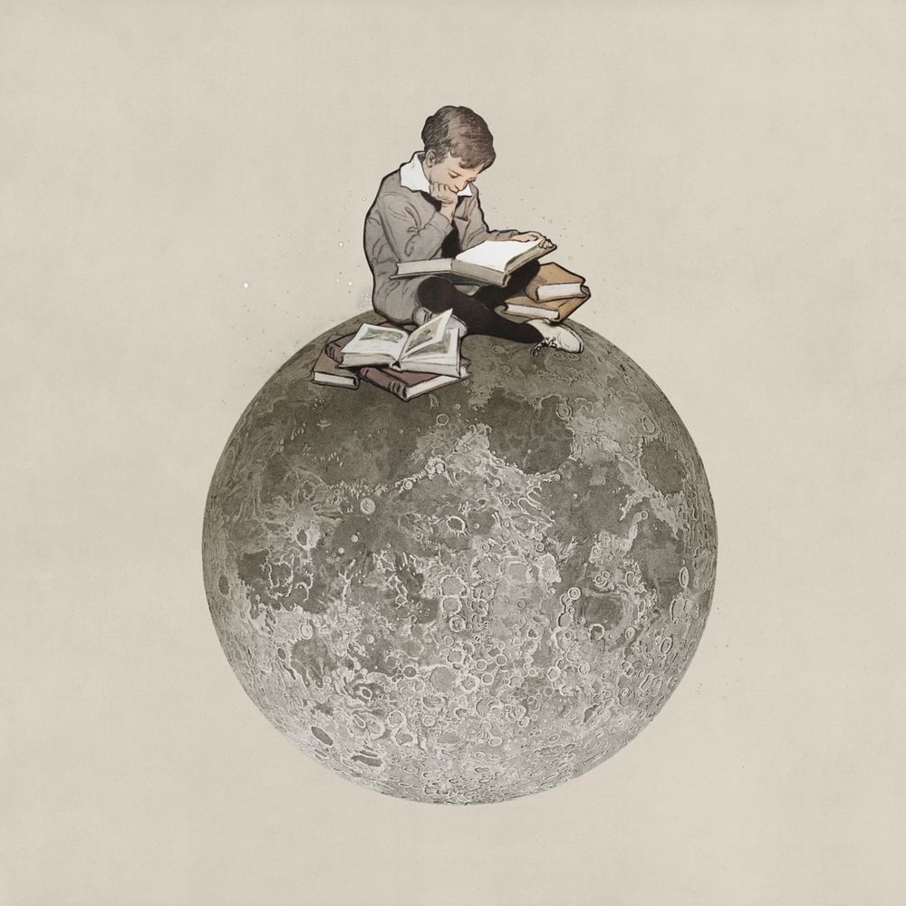 Boy reading on moon, surreal education editable remix