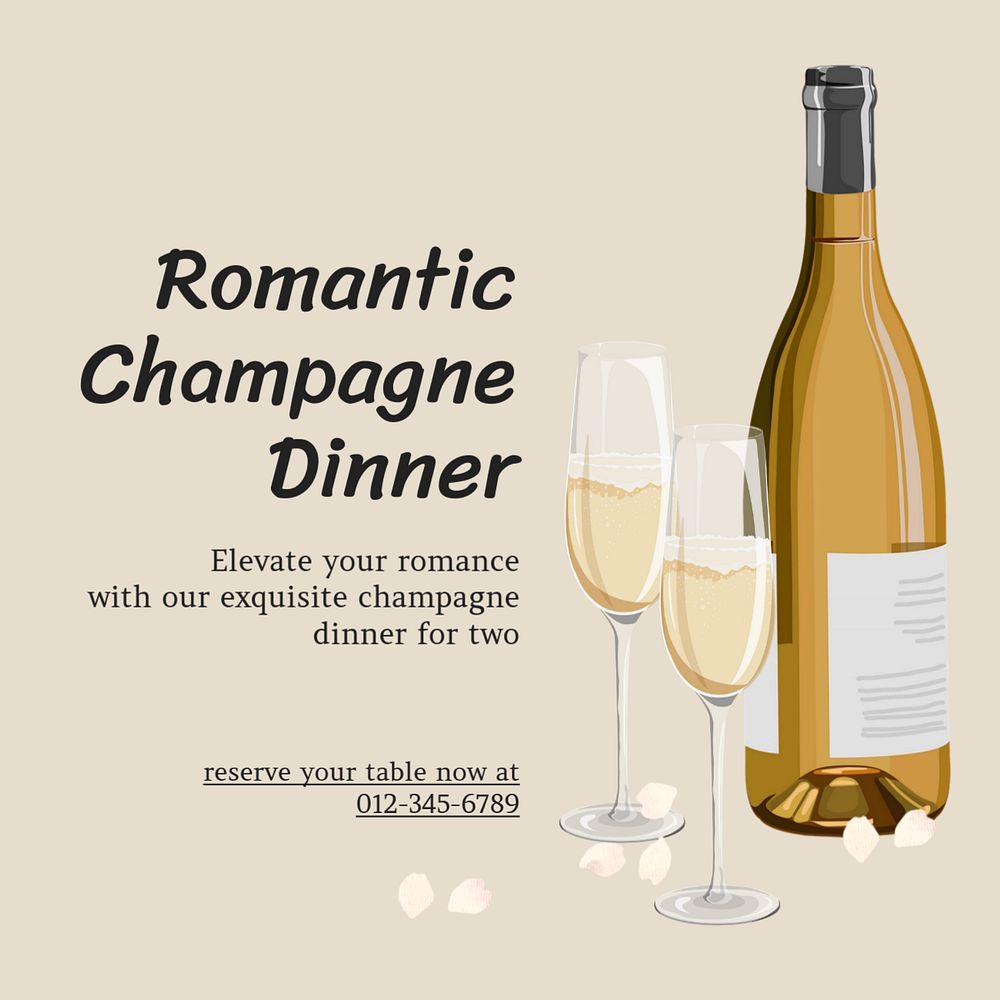 Romantic Champagne dinner Instagram post template, editable text