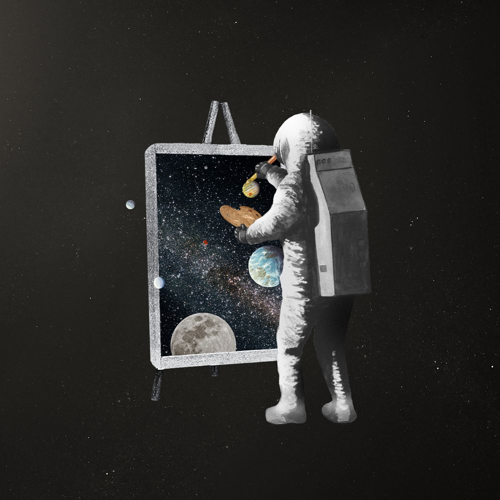 Astronaut painting canvas, surreal galaxy editable remix