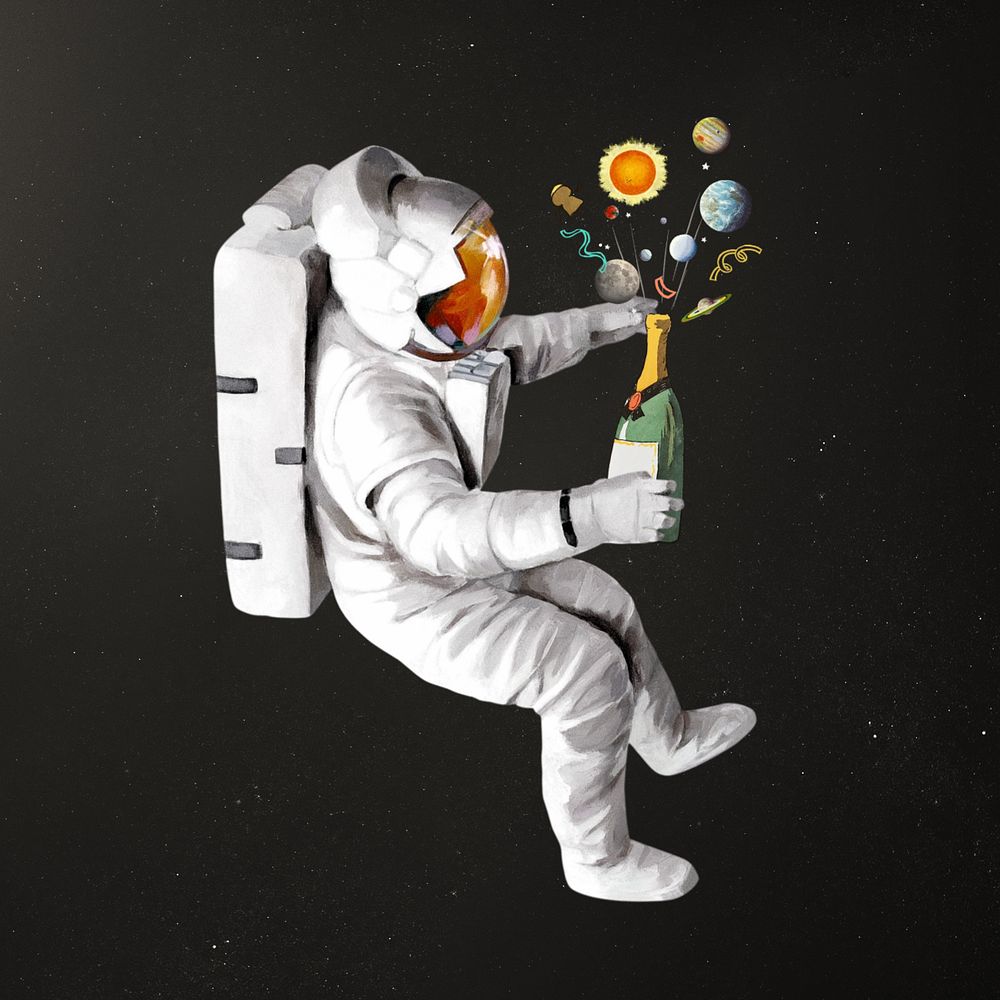 Astronaut holding champagne bottle