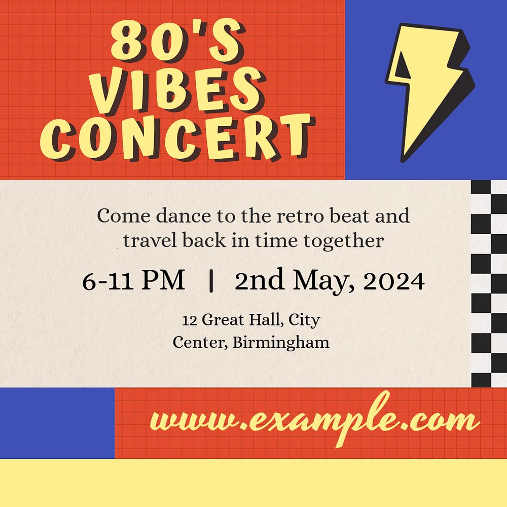 80's vibes concert Instagram post template, editable text