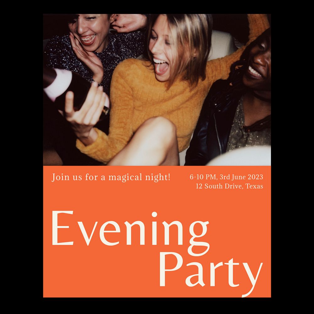 Evening party invitation Instagram post template, editable text