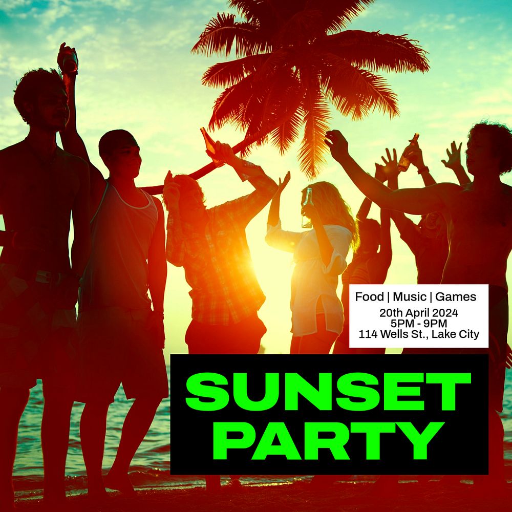 Sunset party Instagram post template, editable text