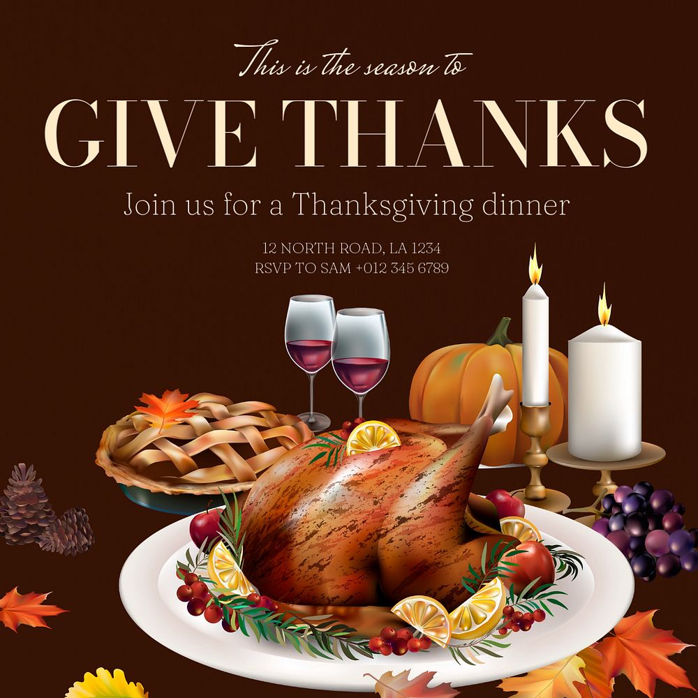 Thanksgiving dinner Instagram post template, editable text