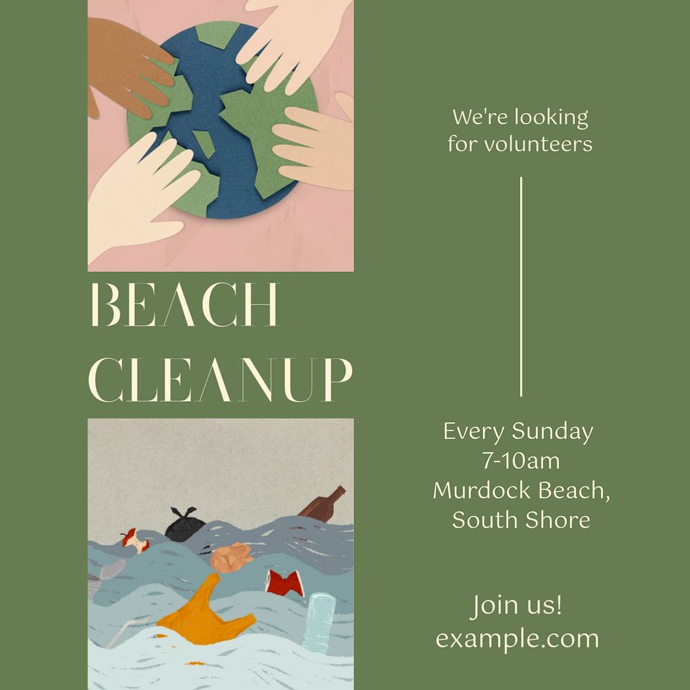 Beach cleanup Instagram post template, editable text