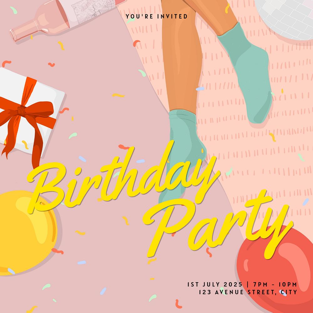 Birthday party Instagram post template, editable text