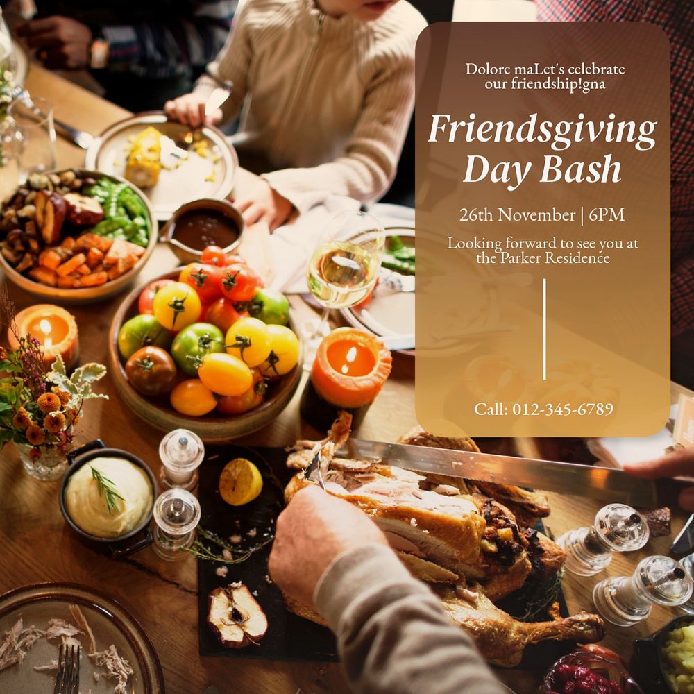 Friendsgiving day bash Instagram post template, editable text