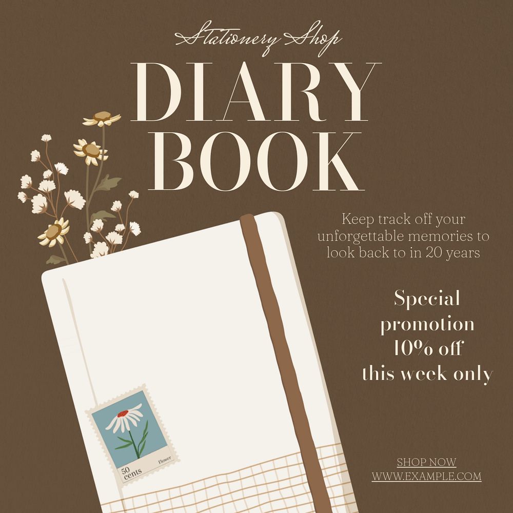 Diary book Instagram post template, editable text