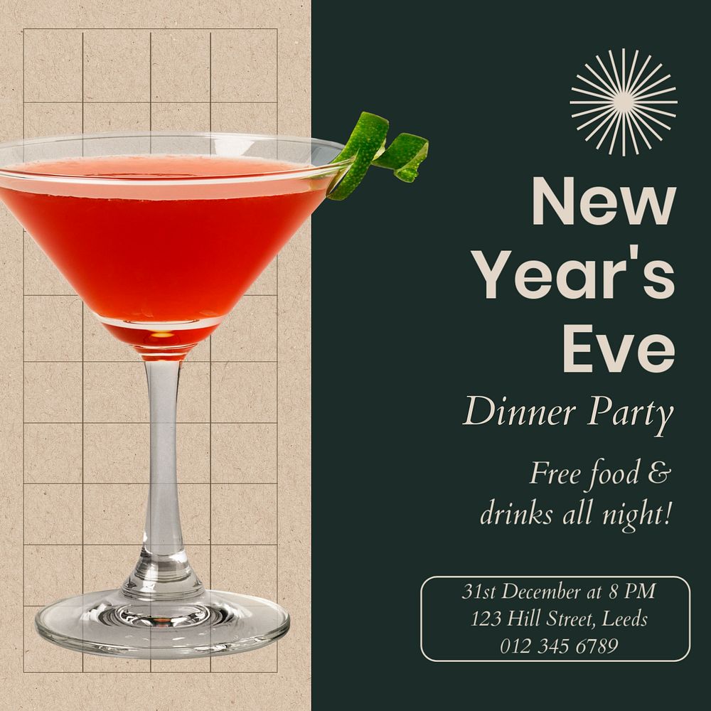 New year's eve party Instagram post template, editable text