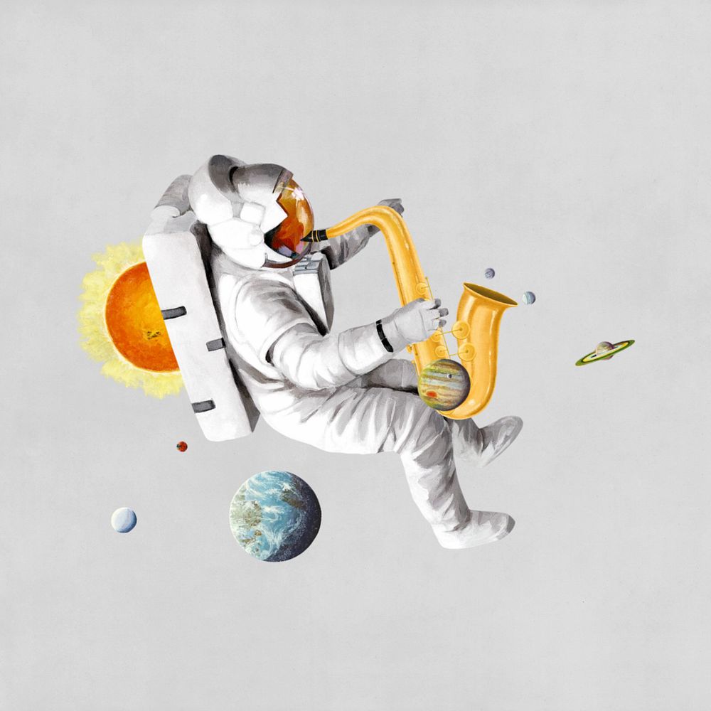 Astronaut playing saxophone, surreal galaxy editable remix