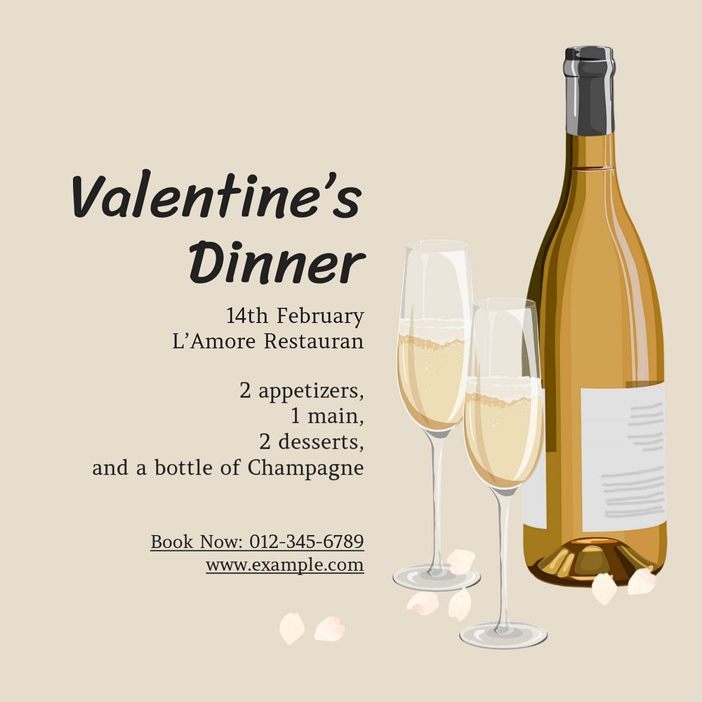 Valentine’s dinner Instagram post template, editable text