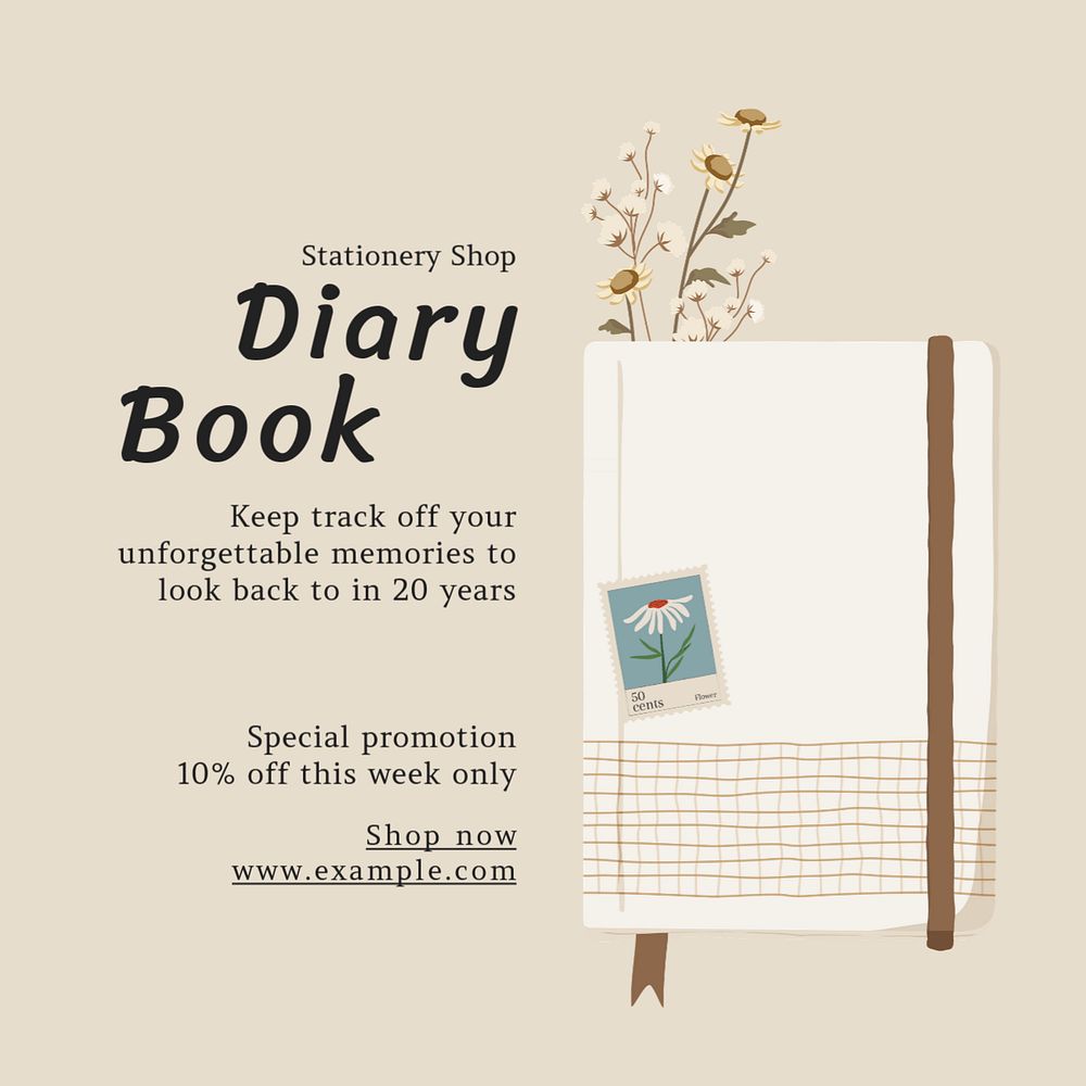 Diary book Instagram post template, editable text