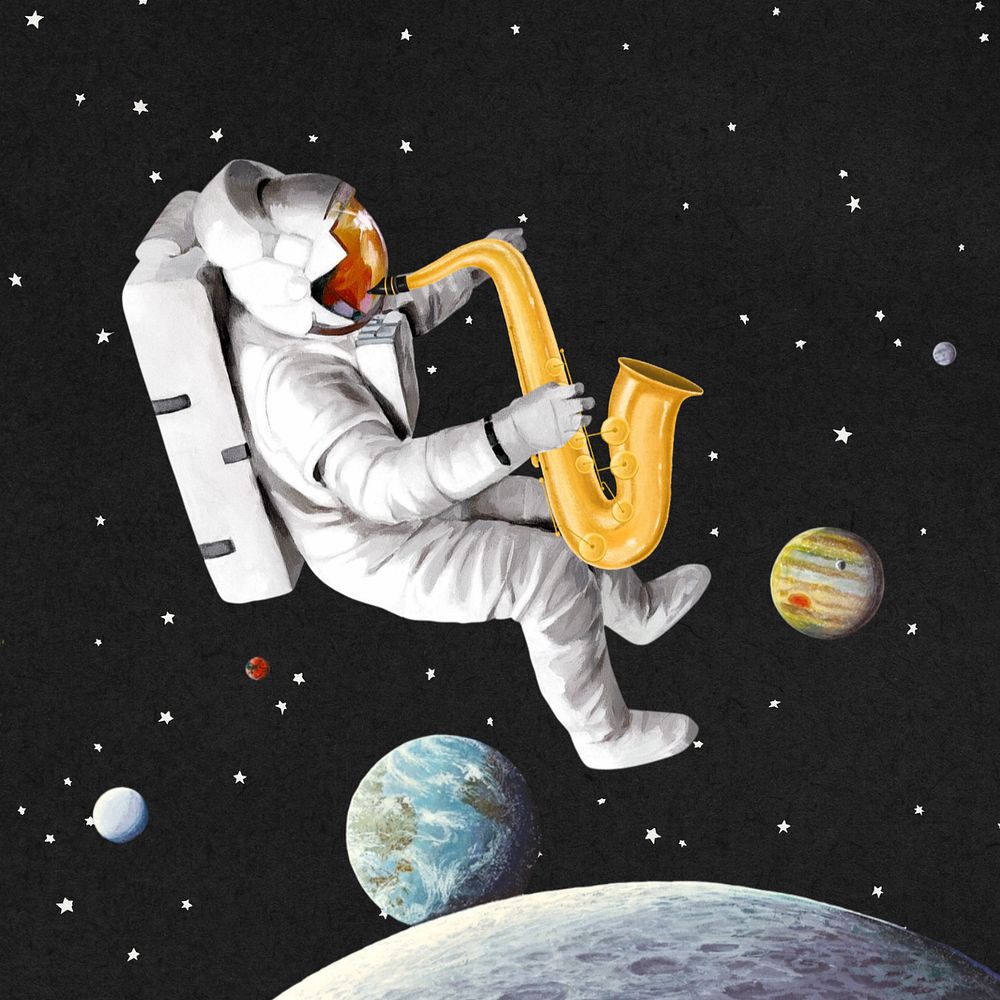 Astronaut playing saxophone background, outer space aesthetic