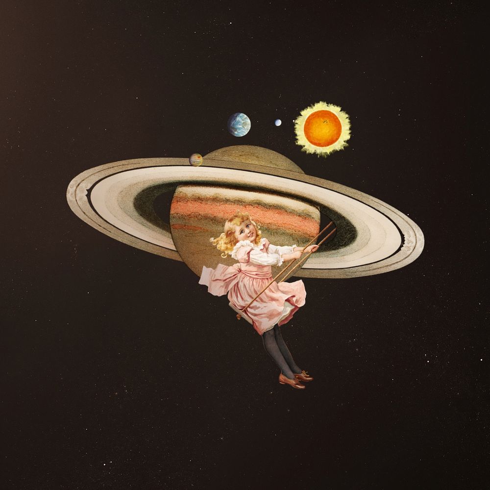 Little girl playing swing, space aesthetic editable remix