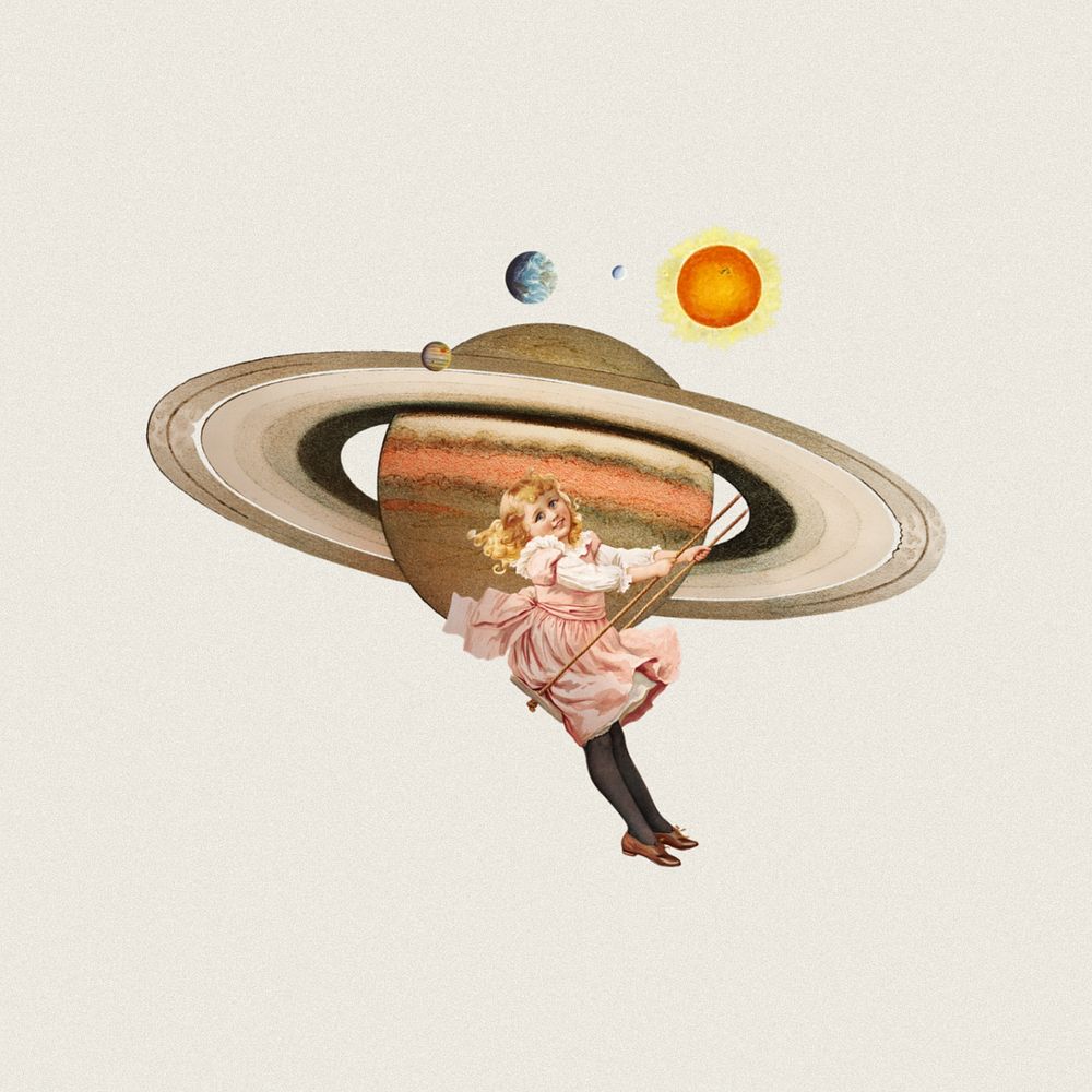 Little girl playing swing, space aesthetic editable remix