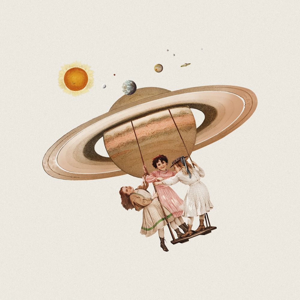 Little girls playing swing, space aesthetic editable remix