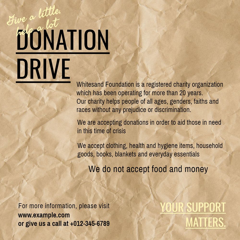 Donation drive Instagram post template, editable text