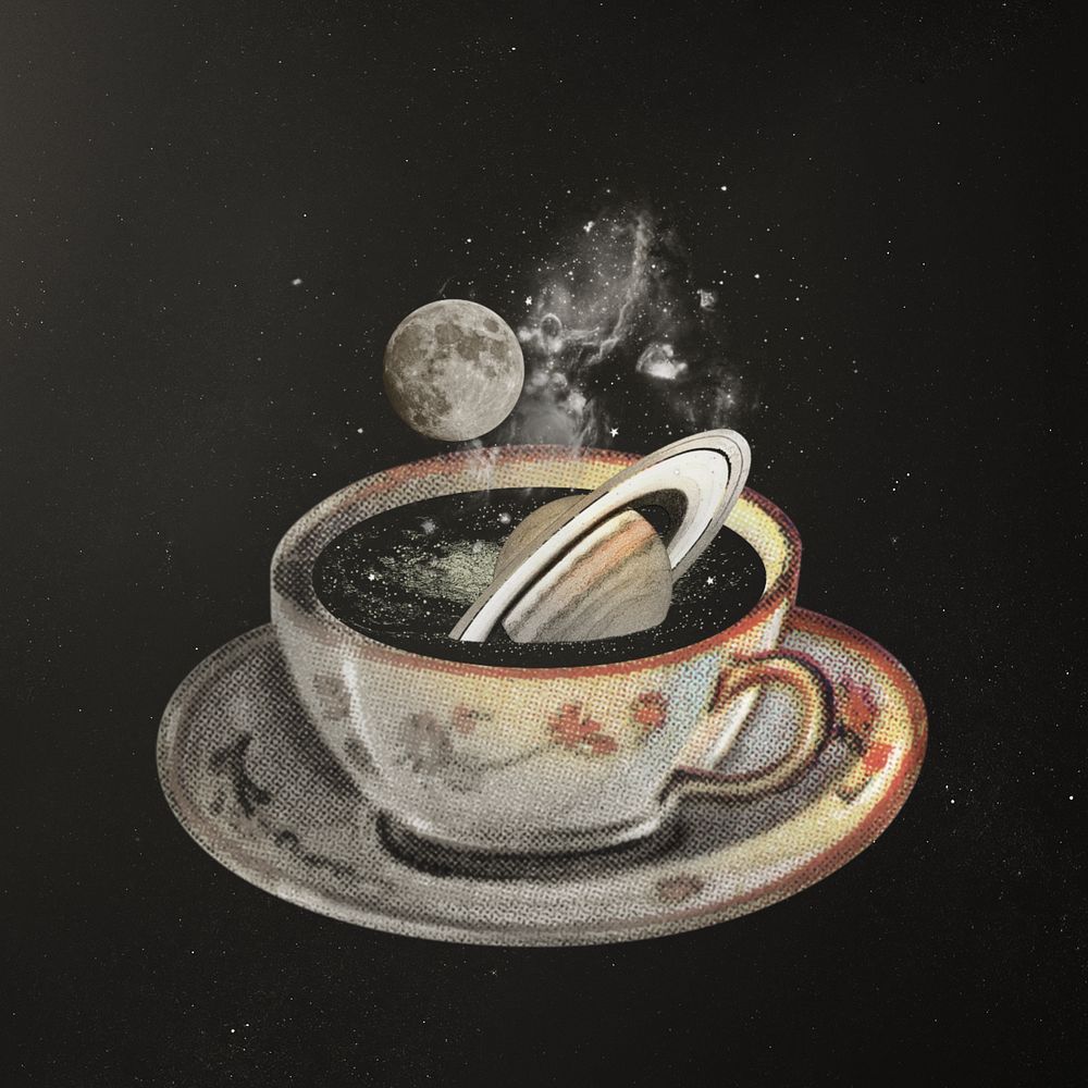 Saturn in coffee cup, surreal escapism editable remix