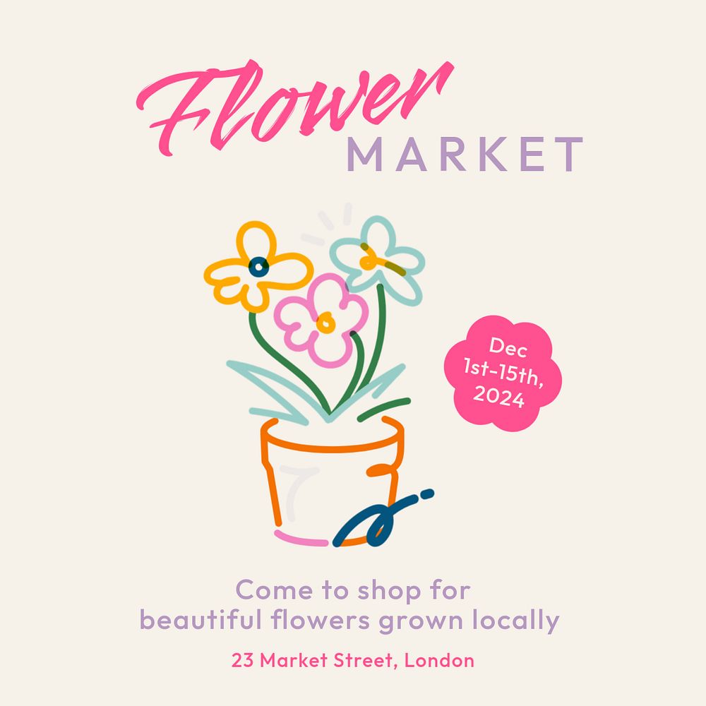 Flower market Instagram post template, editable text