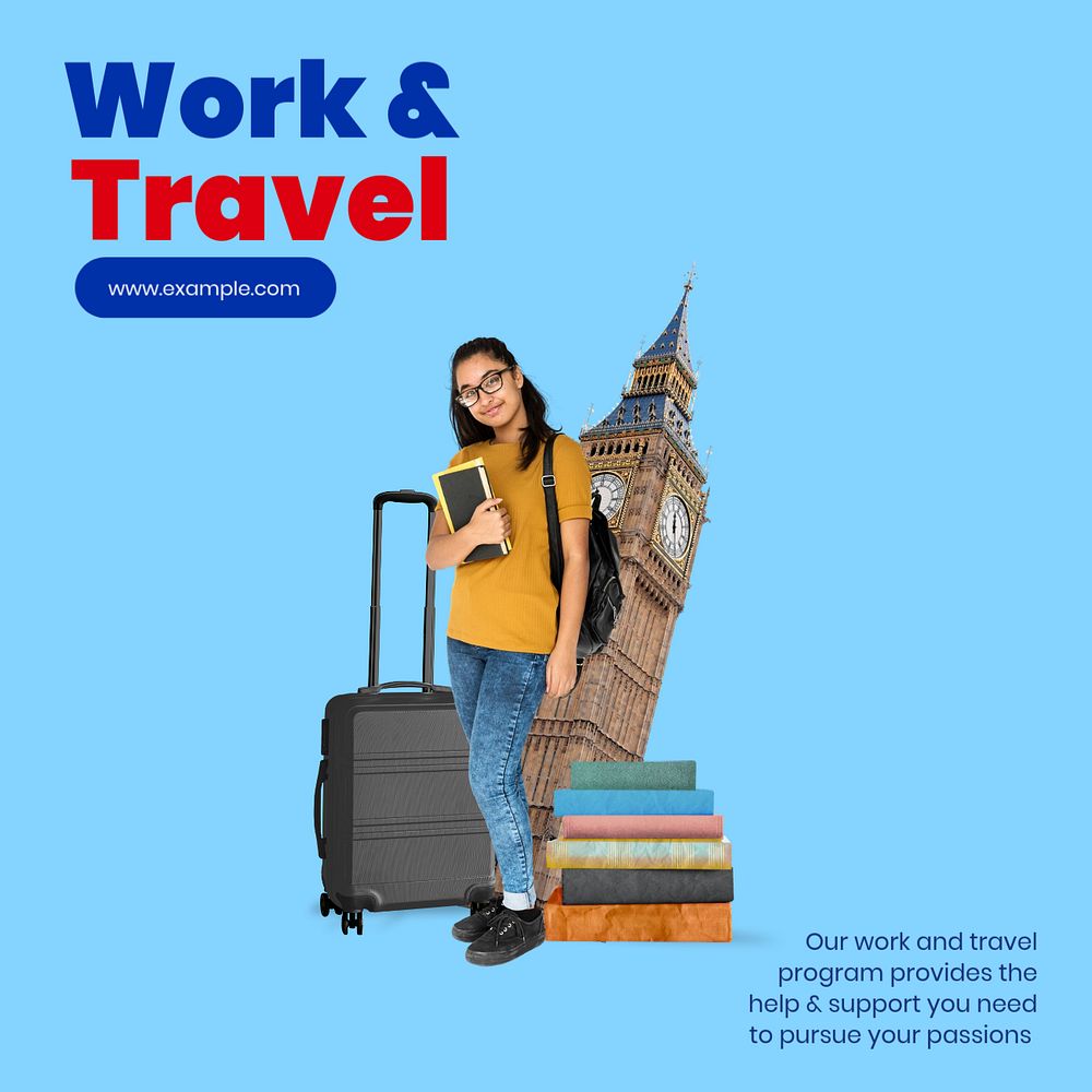 Work & travel Instagram post template, editable text