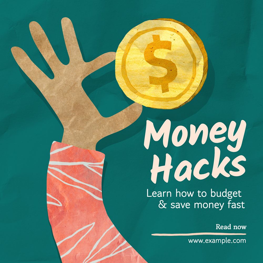 Money hacks article Instagram post template, editable text