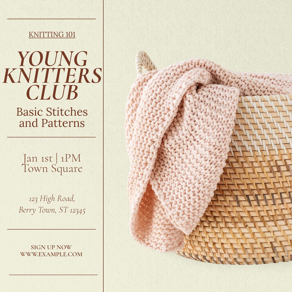 Young knitters club Instagram post template, editable text