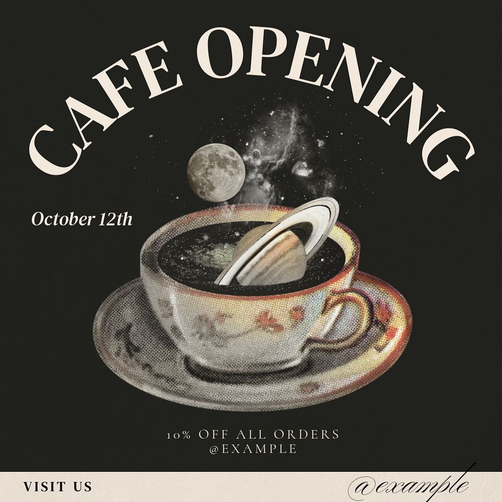 Cafe opening Instagram post template, editable text