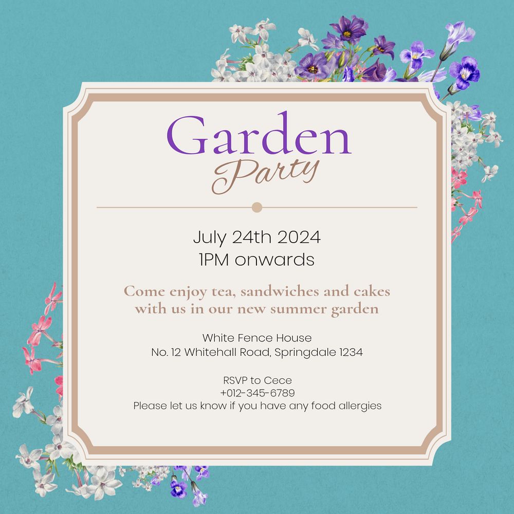 Garden party Instagram post template, editable text